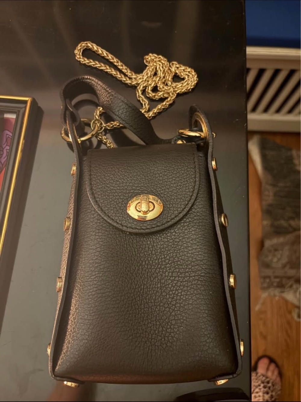 Isadora Black Leather Crossbody Phone Bag with Gold Hardware